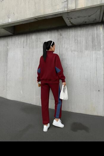 Bliss Women's Burgundy Denim Detailed Comfortable Fit Thick Fabric Winter Tracksuit Set Bottom Top Set