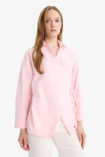 DeFacto Regular Fit Gömlek Yaka Önden Bağlamalı Poplin Uzun Kollu Gömlek Tunik F8347AX25AU