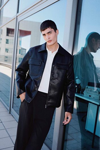 DeFacto Slim Fit Slim Fit Polo Collar Inner Pocket Zippered Faux Leather Coat Jacket F0503Ax25Au