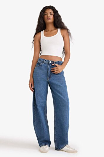 DeFacto Barrel Fit High Waist Folded Leg Jean Washed Pants F7688Ax25Au