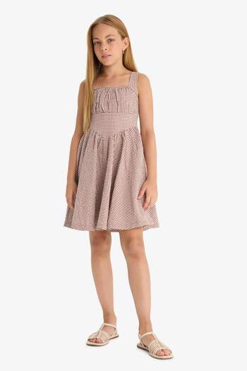 DeFacto Girl's Crinkle Viscose Checked Strap Dress F9671A825Hs