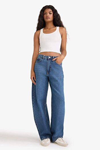DeFacto Barrel Fit High Waist Folded Leg Jean Washed Pants F7688Ax25Au