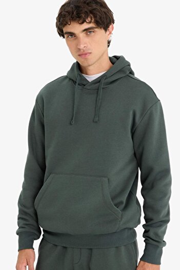 DeFacto Regular Fit Hooded Soft Inside Furry Kangaroo Pocket Basic Plain Sweatshirt X8283Az25Au