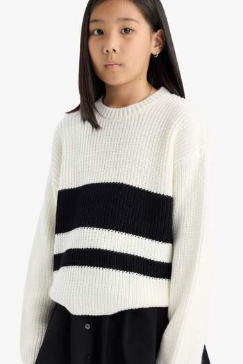 DeFacto Girls' Standard Fit Crew Neck Striped Knitwear Sweater E7735A825Au