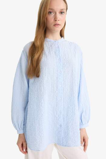 DeFacto Relax Fit Crew Neck Seersucker Textured Long Sleeve Tunic D4145Ax25Au