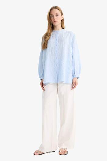 DeFacto Relax Fit Crew Neck Seersucker Textured Long Sleeve Tunic D4145Ax25Au