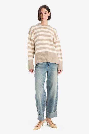 DeFacto Oversize Wide Fit Crew Neck Striped Knit Sweater F3889Ax25Wn