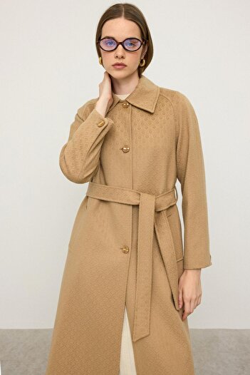 Olcay Reglan Sleeve Jacquard Pattern Limited Edition Coat Kamel 3135