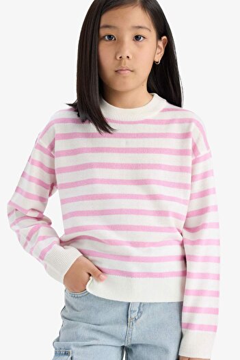 DeFacto Girls' Standard Fit Crew Neck Striped Sweater Sweater C6903A825Au