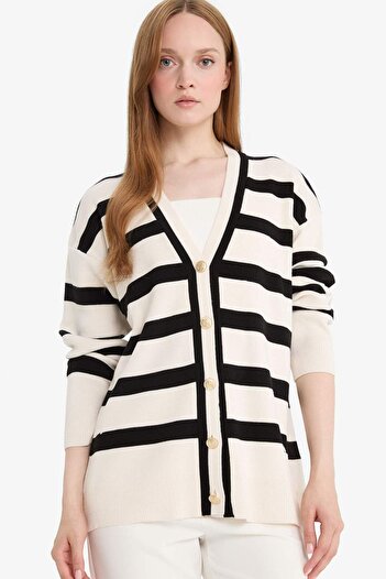 DeFacto Regular Fit V Neck Striped Button Covered Tunic Knitwear Cardigan D2445Ax25Au