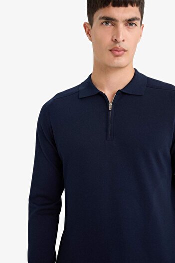 DeFacto Lacivert Standart Fit Normal Kesim Fermuarlı Polo Yaka Triko Kazak D0621AX24AU