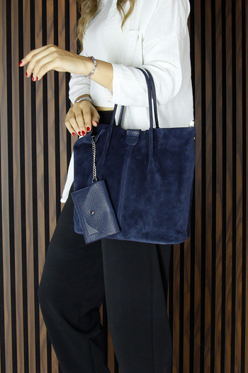 Erkan Saçmacı Navy Blue Genuine Cowhide Suede Magnetic Closure Inner Pocket Strap Daily Large Size Shoulder Bag and Wallet