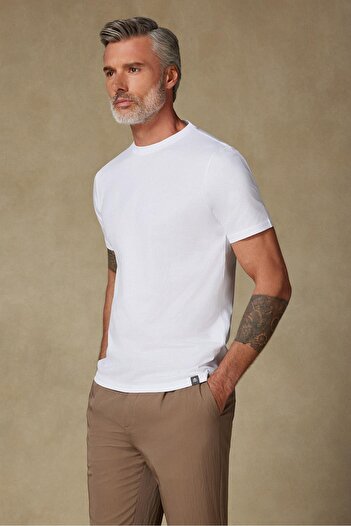 Abbate Easy Combed Cotton Comfort Fit White Crew Neck Men's Plain T-Shirt