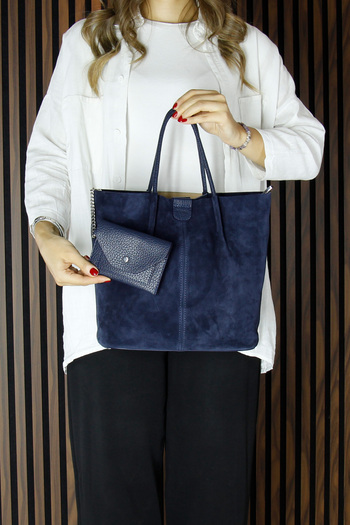 Erkan Saçmacı Navy Blue Genuine Cowhide Suede Magnetic Closure Inner Pocket Strap Daily Large Size Shoulder Bag and Wallet