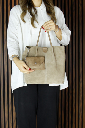 Erkan Saçmacı Mink Genuine Cowhide Suede Magnetic Closure Inner Pocket Strap Daily Large Size Shoulder Bag and Wallet