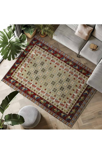 Al Kaffary Carpet سجادة إيشان، تصميم كلاسيكي مع نقوش تاريخية، صنع في تركيا، لون أحمر-بيج
