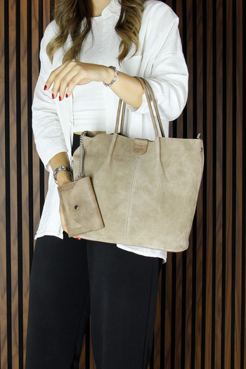 Erkan Saçmacı Mink Genuine Cowhide Suede Magnetic Closure Inner Pocket Strap Daily Large Size Shoulder Bag and Wallet