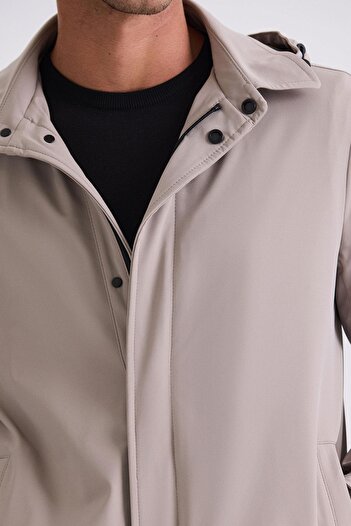 Jakamen Bej Comfort Fit Kapüşonlu Gizli Fermuarlı Klasik Model Mont