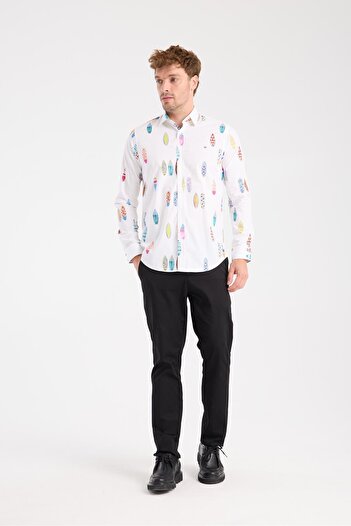 Abbate AClub Aclub Ac10064 Poplin Cotton Slim Fit White Classic Collar Men's Printed Shirt