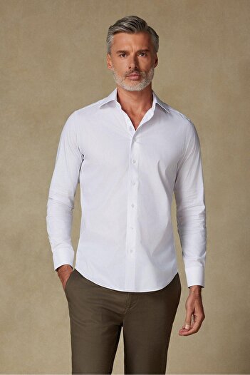 Abbate Sartoria Poplin Stretch Cotton Blend Slim Fit White Italian Collar Men's Solid Shirt