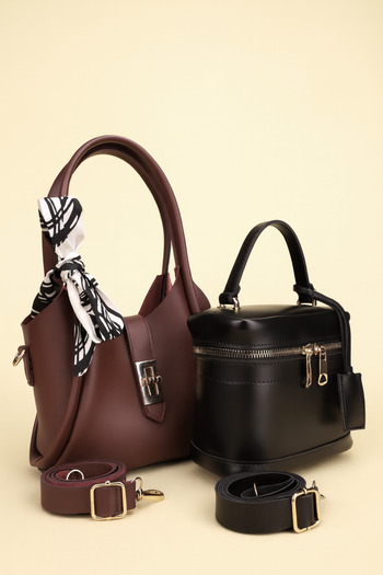NOTHING Women's Burgundy Black Gold Accessory Detailed Scarf Gift Set of 2 Shoulder and Crossbody Bags Zoimelina