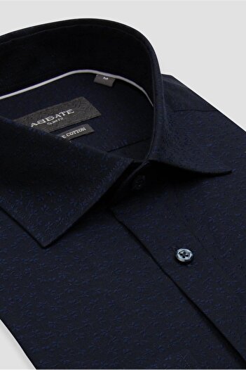Abbate Donatello Jacquard Cotton Slim Fit Navy Blue Classic Collar Men's Patterned Shirt