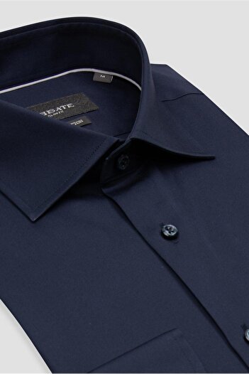 Abbate Donatello Satin Cotton Slim Fit Navy Blue Classic Collar Men's Plain Shirt