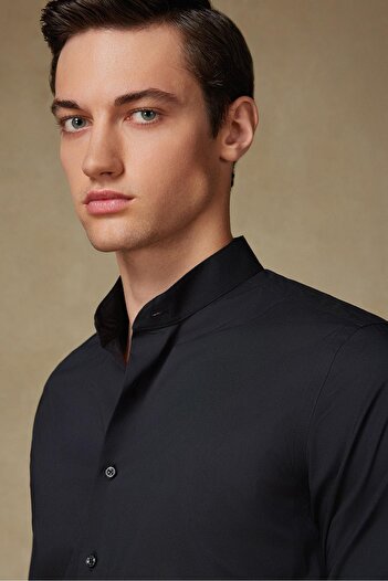 Abbate Ανδρικό πουκάμισο Mao Poplin Stretch Cotton Blend Slim Fit Μαύρο με γιακά δικαστή