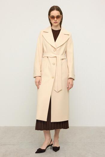Olcay Herringbone Jacquard Patterned Waist-Tied Limited Edition Coat Cream 3136