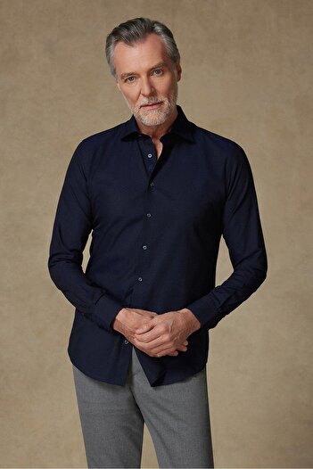 Abbate Donatello Jacquard Cotton Slim Fit Navy Blue Classic Collar Men's Patterned Shirt