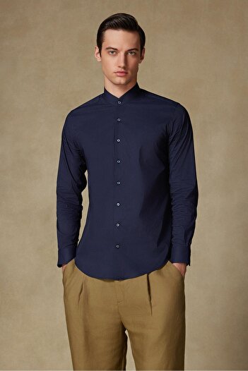 Abbate Mao Poplin Stretch Cotton Blended Slim Fit Navy Blue Judge Collar Men's Solid Shirt