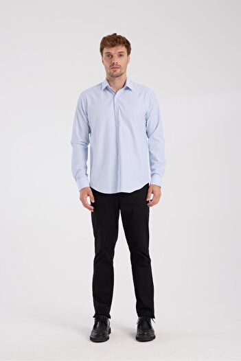Abbate AClub Aclub Ac10080 Oxford Cotton Blended Slim Fit Light Blue Classic Collar Men's Striped Shirt