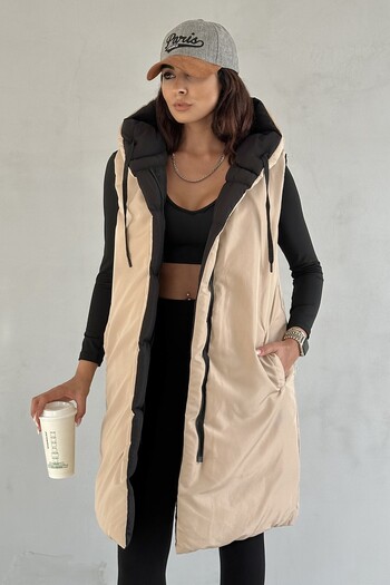 moda armanc Women's Beige Black Hooded Double-Sided Puffer Vest