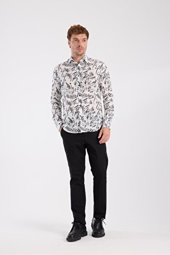 Abbate AClub Aclub Ac10063 Twill Cotton Slim Fit White Classic Collar Men's Printed Shirt