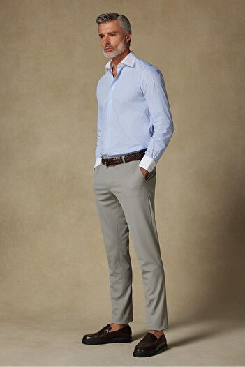Abbate Sartoria Poplin Stretch Pamuk Karışımlı Slim Fit Açık Mavi İtalyan Yaka Erkek Çizgili Gömlek