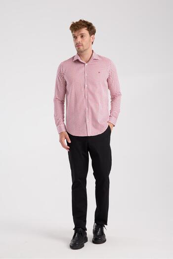 Abbate AClub Aclub Ac10072 Twill Cotton Slim Fit Red Classic Collar Men's Checkered Shirt