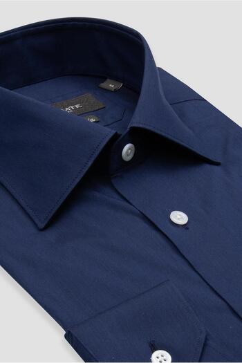 Abbate Sartoria Poplin Stretch Cotton Blended Slim Fit Navy Blue Italian Collar Men's Solid Shirt