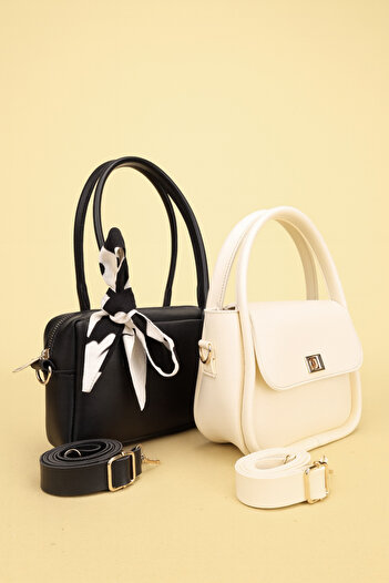 NOTHING Women's Black Cream Gold Accessory Detailed Scarf Gift Set of 2 Shoulder and Crossbody Bags Morimona