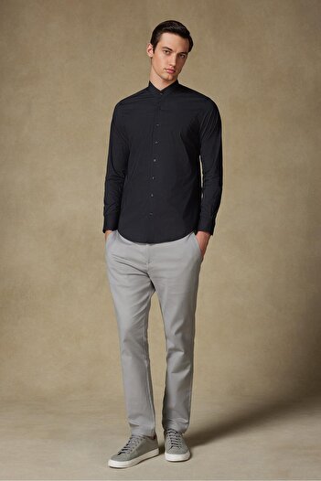 Abbate Ανδρικό πουκάμισο Mao Poplin Stretch Cotton Blend Slim Fit Μαύρο με γιακά δικαστή