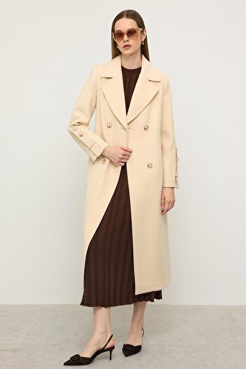 Olcay Limited Edition Coat with Knit Stitch Detail and Self-Made Pattern Cream 3134