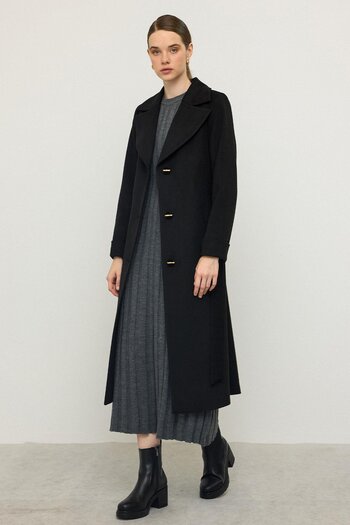 Olcay Herringbone Jacquard Patterned Waist-Tied Limited Edition Coat Black 3136