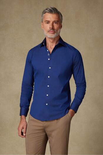 Abbate Sartoria Poplin Stretch Cotton Blended Slim Fit Navy Blue Italian Collar Men's Solid Shirt