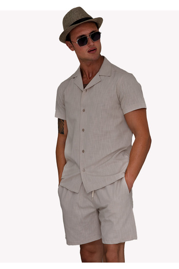 Exve Exclusive Beige Linen Relaxed Fit Short Sleeve Loose Lapel Collar Summer Shirt Shorts Set