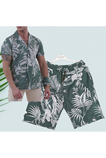 Exve Exclusive Green Hawaiian Relaxed Fit Short Sleeve Loose Lapel Collar Summer Shirt Shorts Set