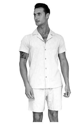 Exve Exclusive White Linen Relaxed Fit Short Sleeve Loose Lapel Collar Summer Shirt Shorts Set