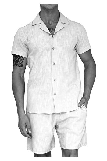 Exve Exclusive White Linen Relaxed Fit Short Sleeve Loose Lapel Collar Summer Shirt Shorts Set