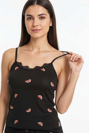 Bravie Women's Watermelon Patterned Soft Textured Combed Cotton Rope Strap Shorts Pajama Set