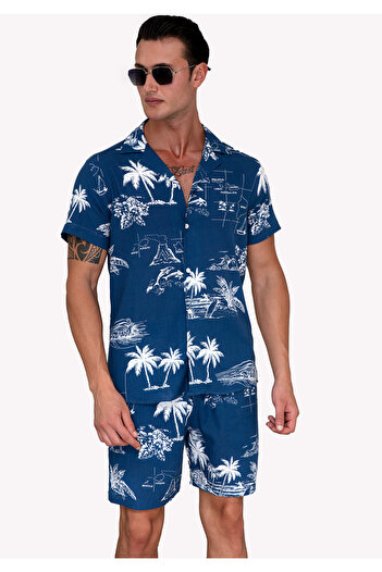 Exve Exclusive Blue Palm Tree Relaxed Fit Short Sleeve Loose Lapel Collar Summer Shirt Shorts Set