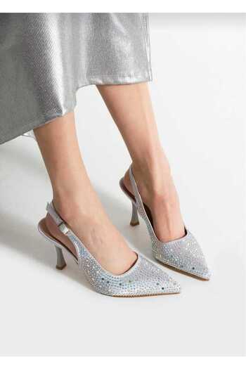 v.s.h velvet Women's Stone Detailed Evening Dress Pointed Toe Open Back 7cm Heels