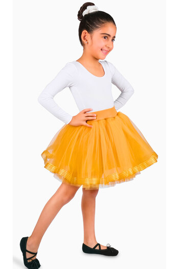 LULLY KİDS Fusta tutu din tul cu 4 straturi pentru fetiță, galben auriu, cu panglică cu dungi din organza